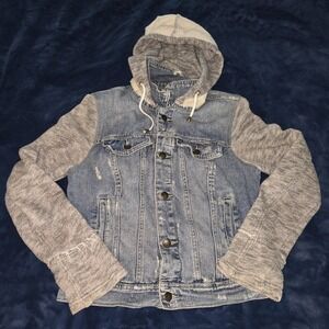 Free‎ People Denim Hoodie Jacket Knit Sleeves Small Gray Distressed Grunge Indie